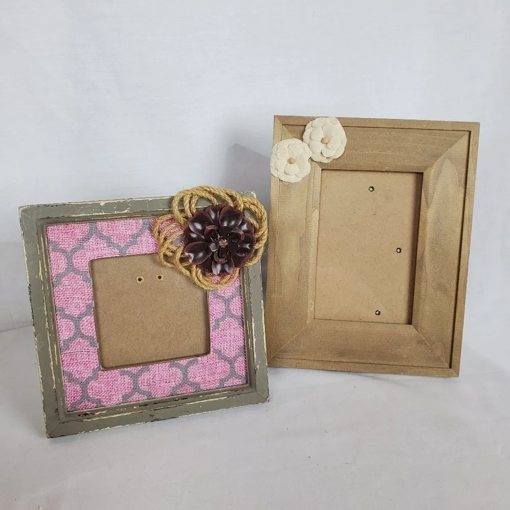 Lot of 2 floral decor wood BoHo photo frames rustic Natural Whimsicle
